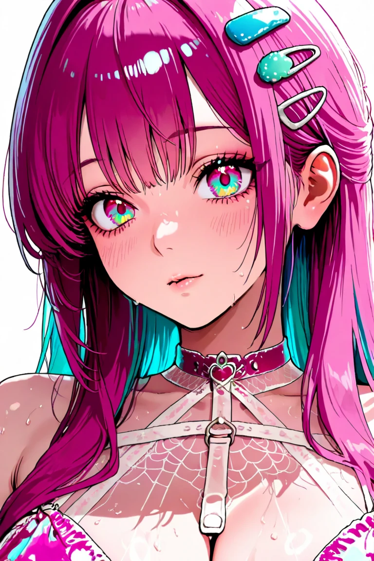 Masterpiece, raw,  beautiful art, professional artist, 8k, art style by sciamano240, very detailed face, very detailed hair, 1 woman, perfectly drawn body, beautiful face, long hair, pink hair , very detailed green eyes , rosey cheeks, intricate details in eyes, playful smile, looking directly at viewer , in love with viewer expression, lipstick, nude very close up on face, 
