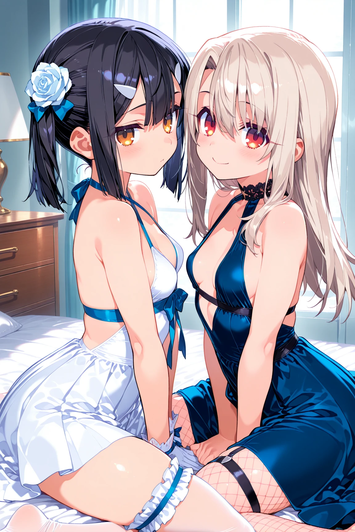 Silver hair, twin drills, on all fours, showing her butt to the camera, white and blue vertical ed panties, panties are wet and stained, blushing, tears, one girl, knees on the ground, sticking her back butt out to the camera