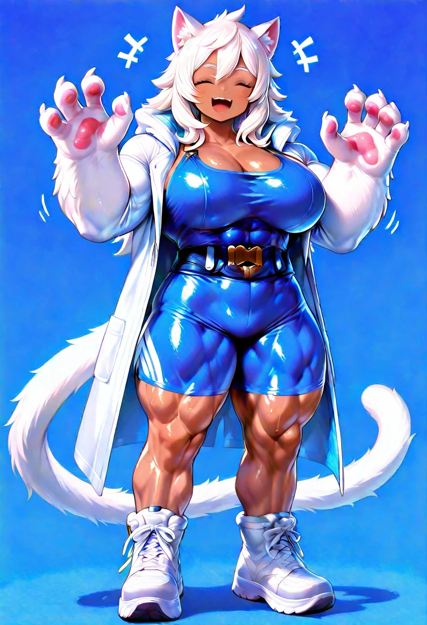 (masterpiece, best quality), best resolution, (9tails:1.5), 1girl, Raikou, felicia outfit, gigantic muscular body, fluffy fox tails, big breasts, gigantic penis with big balls, full body.