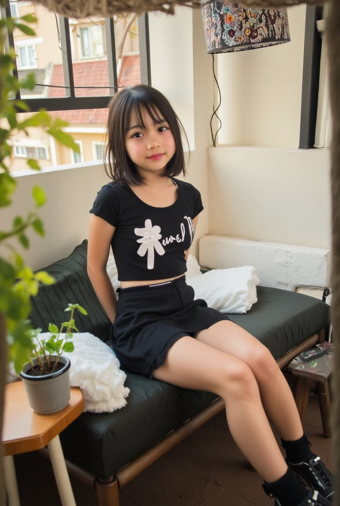 (((Japanese)))( girl) ((((10 year oldlo)))) whole body写真 Full Shot Short Hair A low ponytail whole body Thighs Summer clothes (See-throughる服) Short sleeve Oversized He is only wearing a knee-length black sweatshirt Casual wear cute (smile) garden bench Shot from between the legs Spread your legs Spread your legs Raise your arms up Through the gap(Panties)I can see shor-through)