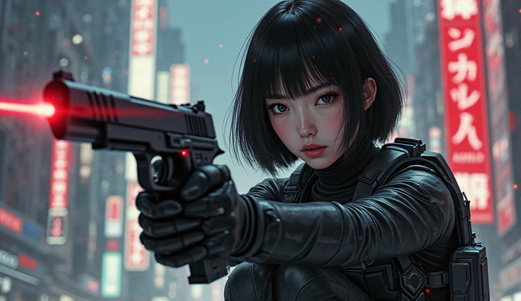 (Great Portfolio, outstanding quality ,mirror-like,movie experience,insanely detailed,ultra high resolution),8k, Wallpapers,,(best illustration:2.0),(woman:2.0),( Motoko Kusanaki :2.0),(ภาพโลกในแบบ Ghost in the Shell:2.0),( set Tactical black tight :2.0),(Thick black bulletproof vest :2.0),(Black Gloves:2.0),(Short bob:2.0),(The beautiful eyes),(fine face),(Detailed Female Hand Drawing :2.0),(sexy:2.0),(, kneel down and aim the gun at me. .:2.0),(Raise your right knee :2.0),( Background is Tokyo , where science and technology have developed.:2.0),(Drawn in black and white:2.0),(SF:2.0),(} A pistol with a laser aimed under the barrel of the camera.:2.0),(Point at your gun with a red laser :2.0)
