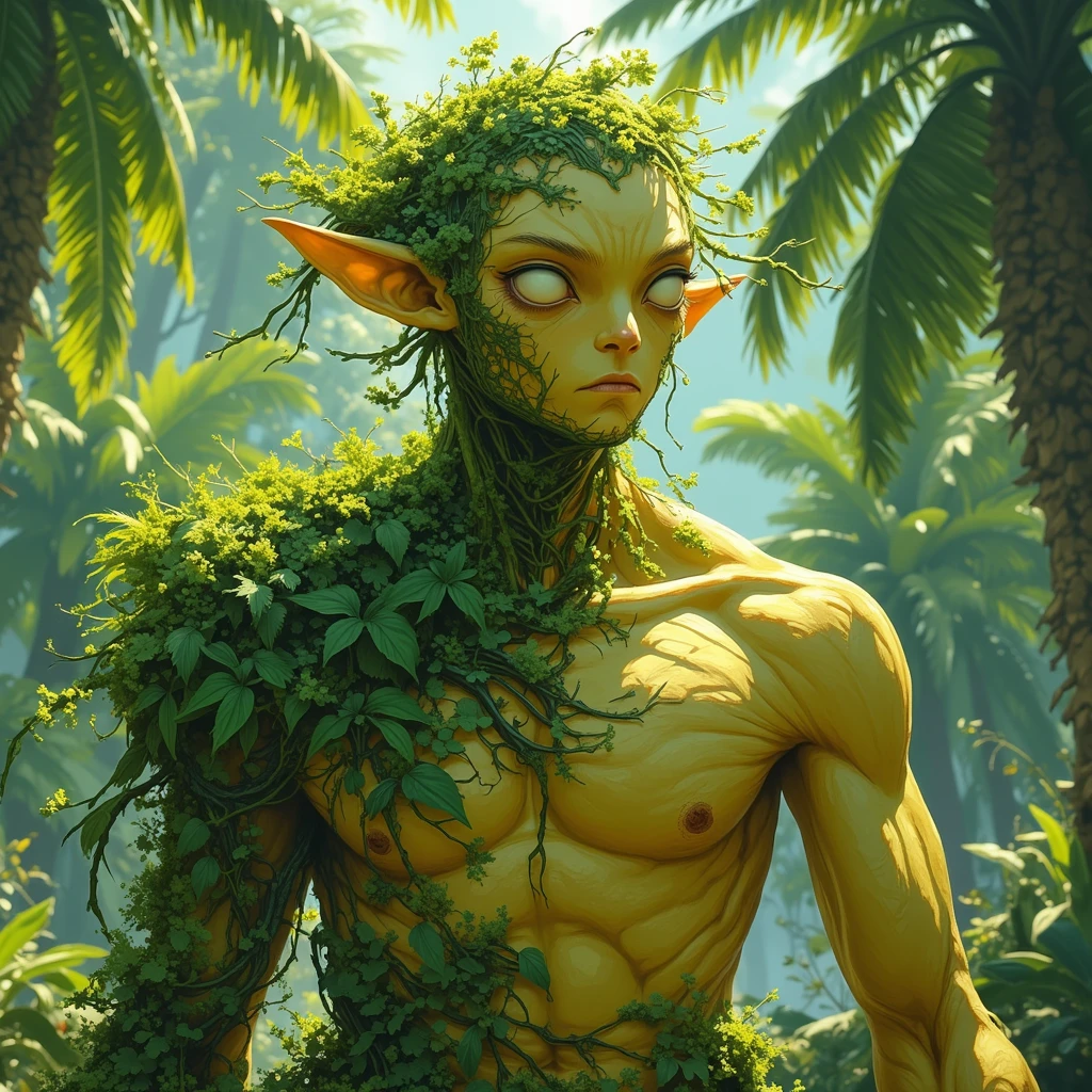 Green fur elf.
He bathes in a lonely pool.
The pool is in a forest.
