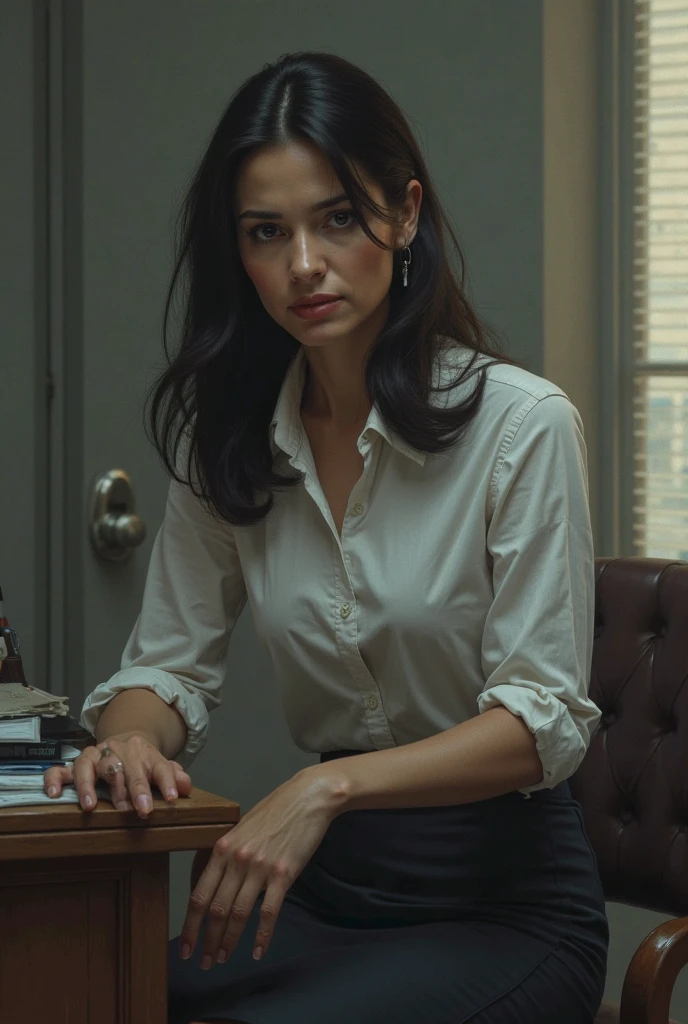 ((half body, professional)), Discreet Brazilian lawyer, ((dark hair in simple bun)), (28 years old), composed, masterpiece, qualidade excepcional, Ultra-detailed, alone, indoor, (((conservative law office))), (((modest professional attire))), ((navy blue blazer)), (((high-necked white blouse))), (small pearl stud earrings), (((hands not visible))), Traditional wooden bookcase background, formal desk setting, (Brazilian Constitution visible), (soft shadows), contrast, neutral office lighting, photorealistic style, (Respectful eye contact: 1.2) ((natural tan skin texture)) (film grain: 1.1), (neutral tones, serious ambiance: 1.3), ((medium shot cropped at mid-chest)), Evenly distributed lighting, no dramatic effects, ultra highres, subtle shadows, .....RAW, half body