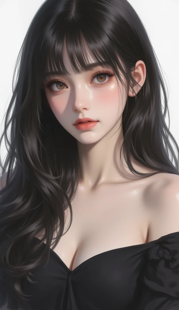 Sexy woman, long black luscious hair, amazing makeup, parted lips, flustered , lustful, blushing intensely, blue blouse, bare shoulders, white bra strap, medium chest, cleavage, pinned against the wall