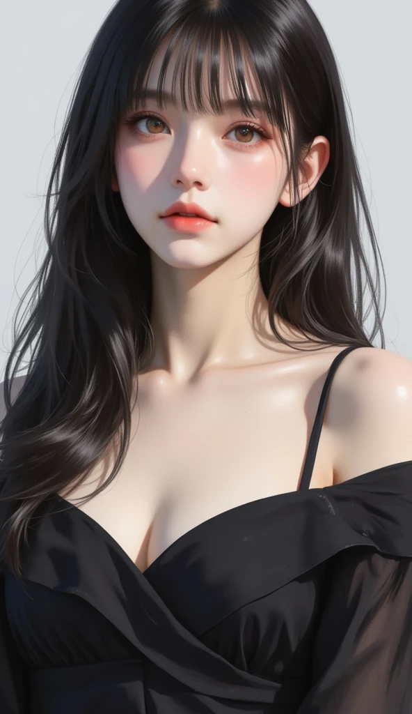 masterpiece, best quality, Extremely detailed, Best shadow, Beautiful and delicate face, Beautiful and delicate eyes, High contrast,Low-cut skirt, 1 Girl, Large Breasts, Bangs, Hair covering one eye, Bare shoulders,, White background:1.3, (Face Focus:1.3, Eye close-up:1.3),