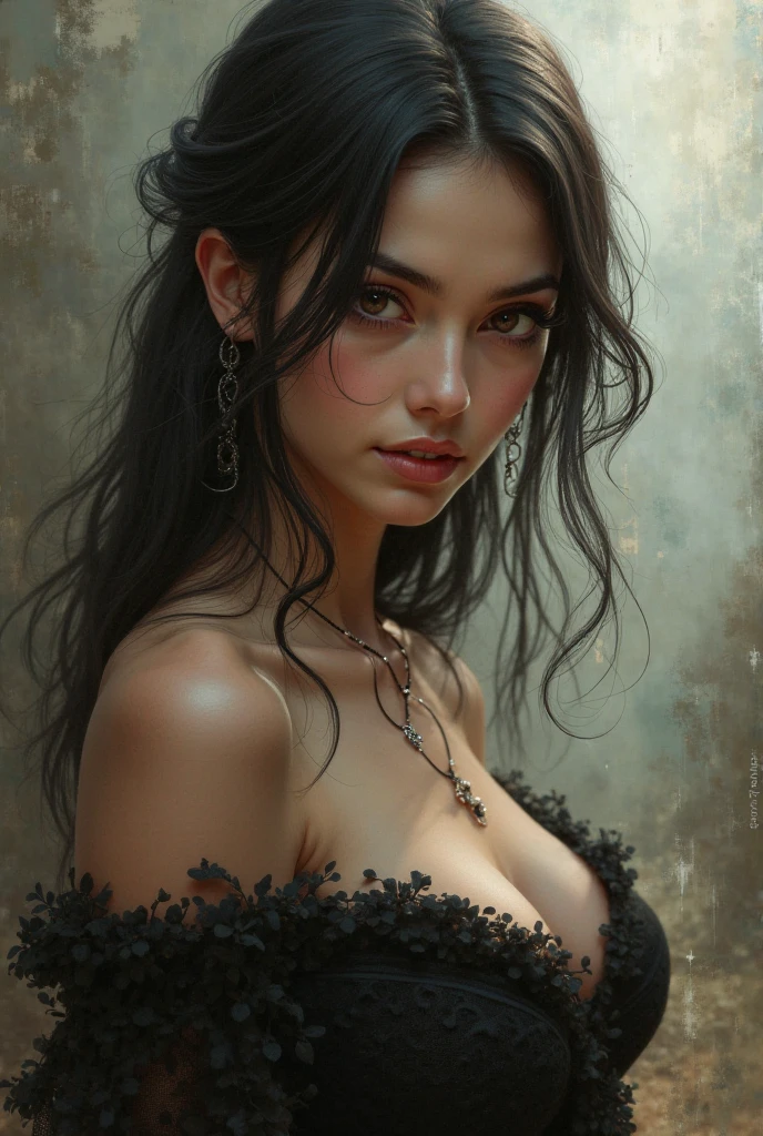 A brunette girl with curly hair and big breasts, realistic necklace