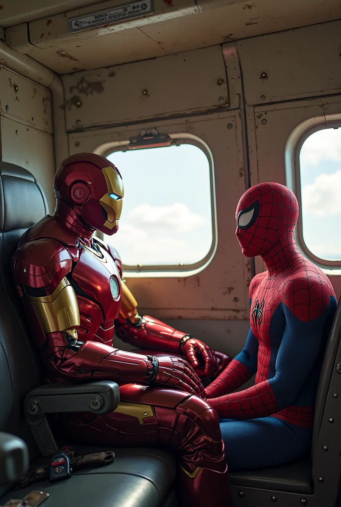 Create an image where there are Spiderman Batman and iron man in an elevator, posing for a photo for Instagram and it is taken through a fish eye lens the photo is in square frame and the fish eye circle is inside the frame