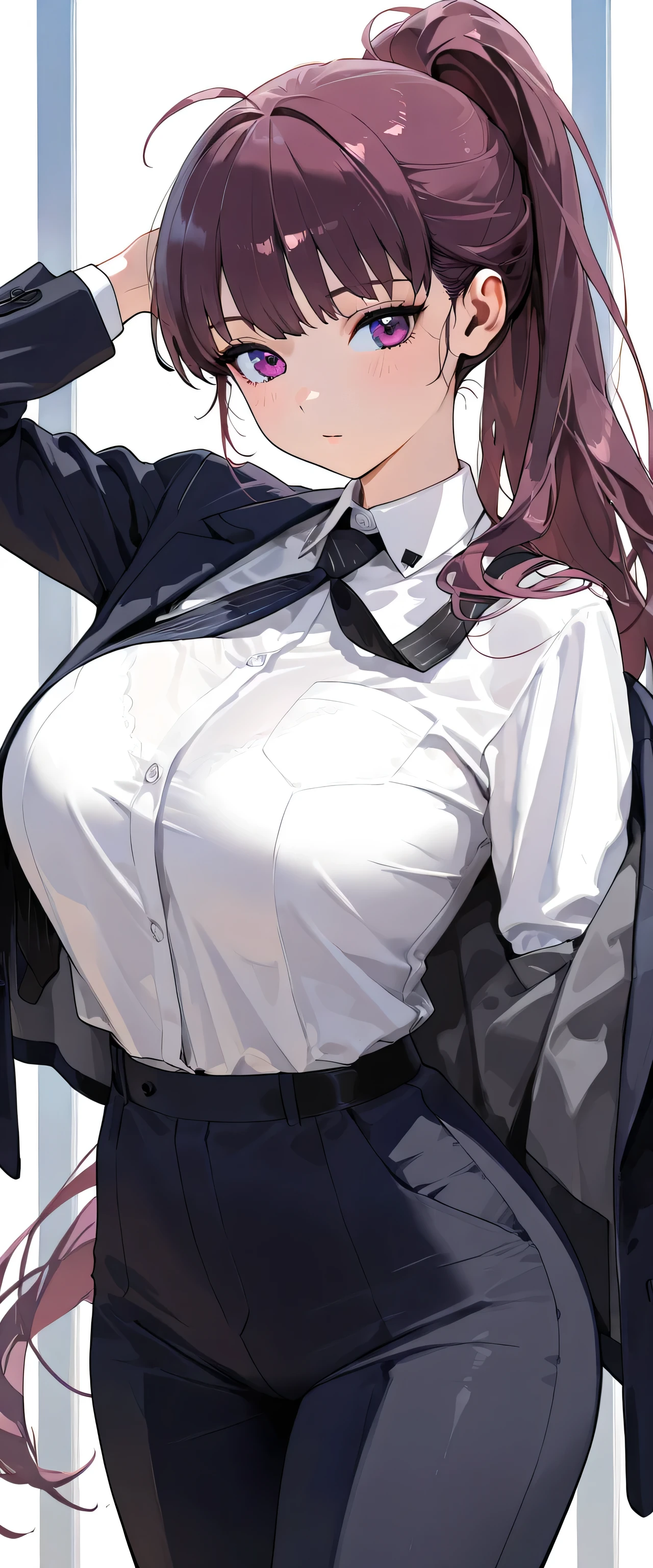 red hair, cool black jacket, white inner dress, deep orange eyes, mature and older look, animemanga girl, detailed key animation art, fully covered