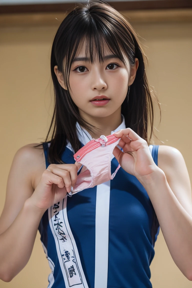 (8K, RAW Photos,Highest quality, High resolution:1.1), (Ultra-realistic:1.4),(Realistic, Realistic:1.3),The Beauty of Japan、Rhythmic gymnastics club、Rhythmic Gymnastics Uniform、((Upper Body:1.3)),holding panties