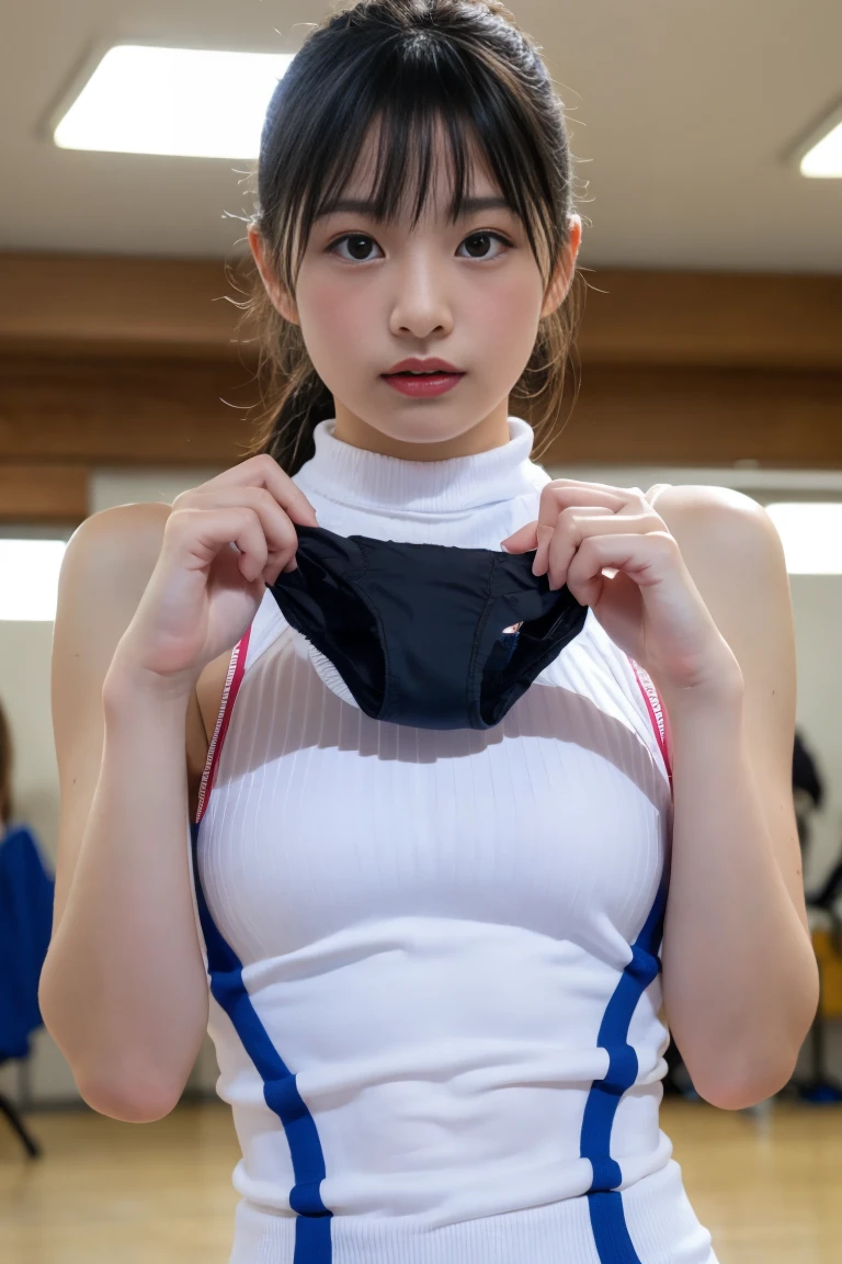 (solo), (a detailed full body RAW photo of a girl), (masterpiece:1.0), (best quality:1.4), (ultra highres:1.2), (photorealistic:1.4), 8k resolution, Canon EOS R5, 50mm, absurdres, ultra detailed, (a detailed full body RAW photo of a girl), (masterpiece:1.0), (best quality:1.4), (ultra highres:1.2), (cheerful 25year old), japanese athlete sharp focus, cinematic lighting, detailed beautiful face, (no make up:1.2), (ulzzang-6500-v1.1), petite figure, detailed skin texture, flat chest, (skinny and fit body:1.6), detailed brown hair, sweltering,(very short hair:1.5), smiling face, see-through nipple, (very small and simple and brihit red and blue nike athletic wear:1.5), low rise, (Crotch streaks and stains), (nipple protrusion on sports bra:1.5), realistic glistening skin, (sweating:1.45), detailed nipple, (satomi ishihara:1.2), dynamic pose,