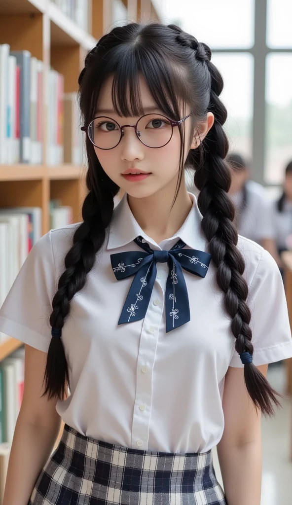 masutepiece, precise, extremely high detail,top-quality,masterpiece,Super Definition Photoreal Stick,one girls,18year old, kawaii:1.3, A dark-haired, Braids, Black eyes,small head,(tre anatomically correct), in school uniform, White shirt, Blue miniskirt,Red bow tie, large full breasts:1.3, A slender, healthy,sexy pose,all-fours,eye glass,low angle shot, nffsw
