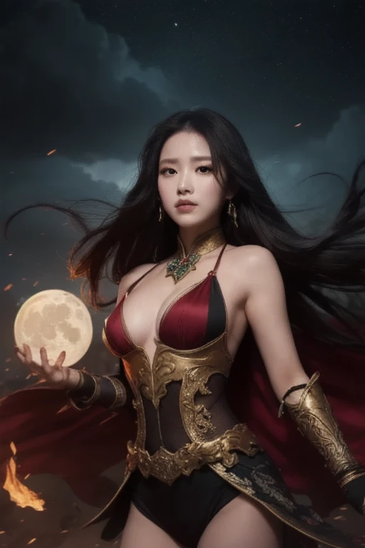 (((masutepiece,))),Professional , masterpiece、top-quality、photos realistic , depth of fields 、Raw photo、1a person、glowy skin、(sexypose)、(Maple in full bloom),(Ultimate Beauty)、A dark-haired、Mystical expression、ultrasharp、(a temple background),()、(shrine background)、(Kimono with beautiful blue pattern)、(Night background)、Beautiful hair ornament on the head、,(intense fighting),((Precipitous cliffs)),(Wear a beautiful colorful kimono),(Wear a colorful and beautiful kimono)、(Japan Castle Background)、Jewel Gold Weapon、Particles of light),(intense fighting)、Gorgeous gold weapons ,Castle background、(( Gorgeous Dragon Sword)) , (a dark night),,(maikurobikini) 、((Black Haired Beautiful Girl))、(Castle background)、(demonic wings)、((Gangle's forest background))、Beautiful Caucasian beauty、1a person、dynamic ungle,(((Two devil's horns on the head)))、Smaller head、Idle Smile、Thin and beautiful female hands、Mystical expression、Light Effects、intense fighting、Wind-effect、magic circles、With the legendary magic wand、Dragon's tail、Anatomically correct fingers、Full Body Angle、Anatomically correct number of fingers、Full Body Angle、(cleavage of the breast)、