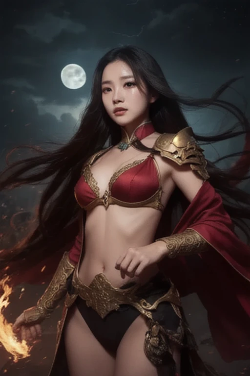 Create an ultra-realistic and terrifying depiction of a female Shuten-Doji, the infamous leader of demons from Japanese folklore. She stands at an imposing height, far taller than an ordinary human, with a muscular yet elegant and powerful build that exudes strength and dominance. Her skin is a vivid red, occasionally depicted in blue or black, adding to her fearsome and otherworldly appearance. Her face features large, piercing eyes that glow a malevolent red, full of rage and insanity. Protruding from her forehead are large, menacing horns, symbolizing her demonic nature. Her mouth is wide, filled with sharp, jagged teeth, and often smeared with blood. Long, wild black hair flows down her back, whipping around as if alive.

Her attire includes a tiger-striped loincloth or a battle dress, emphasizing her ferocity, and pieces of ancient, battered samurai armor, showcasing her warrior heritage. She is adorned with heavy chains and metal accessories around her neck and wrists, signifying her immense power and status. In one hand, she wields a massive iron club, a symbol of her brute strength and dominance. In the other, she holds a large sake jar or cup, as she is known for her love of drinking.

The background features a dark and eerie setting, such as the foreboding caves of Mount Oe, where she is said to reside, or a grand yet sinister banquet hall filled with other demonic figures. The scene is shrouded in mist and shadows, with dim, flickering lights casting an ominous glow. The color palette is dominated by deep reds, blacks, and golds, enhancing the atmosphere of dread and power that surrounds the female Shuten-Doji.

