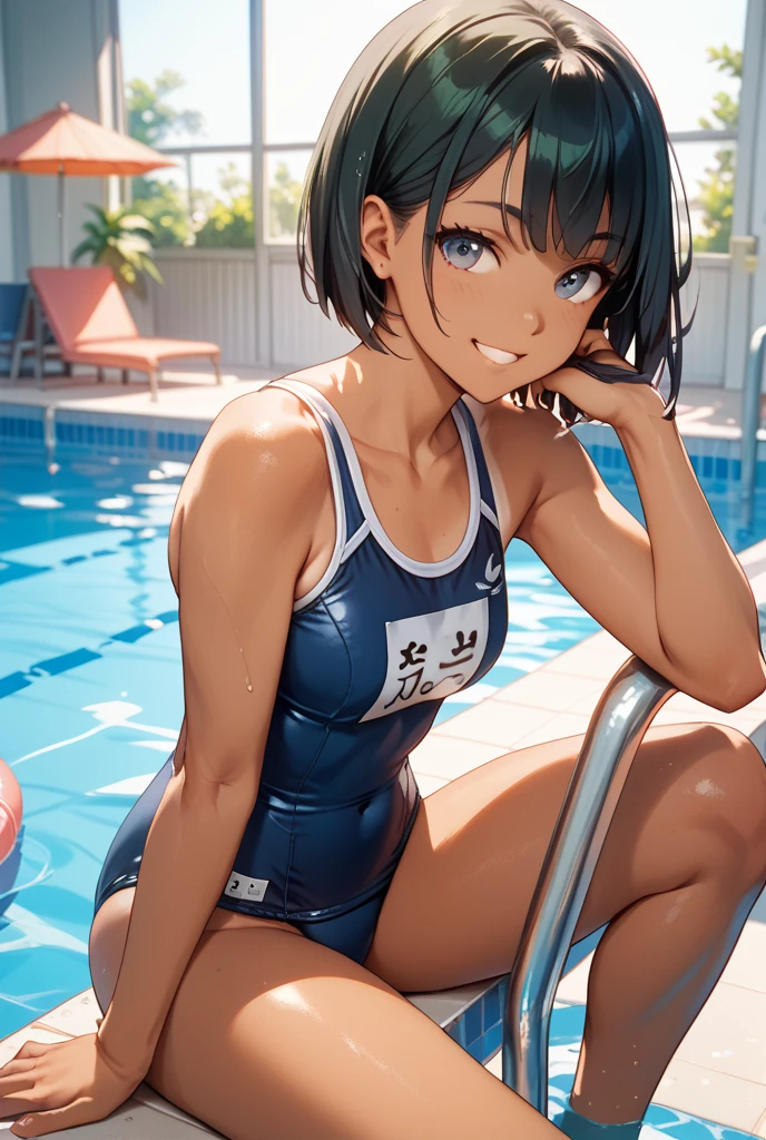 (((camel toe:1.4))), Sweat, grin, (((Flat Chest)), ((Erect nipples)), ((see through)), (((long gloves:1.3))), brown loafers, black calf length socks, Open your thighs wide to the left and right, squat on the ground show off your crotch to the viewer, ((Latex Swimsuit:1.3)), sit, spread your legs:1.3, (((arm behind head:1.3))), 12 years old, absurdists, Long black hair, Hair clip, flat lighting, elevation angle, sexy pose, highest quality, Complex, surreal, perspective, very detailed, detailed background, shape, 1 girl, alone, small breasts, light smile, embarrassing, blush, (((Pool side))), (Sweat),