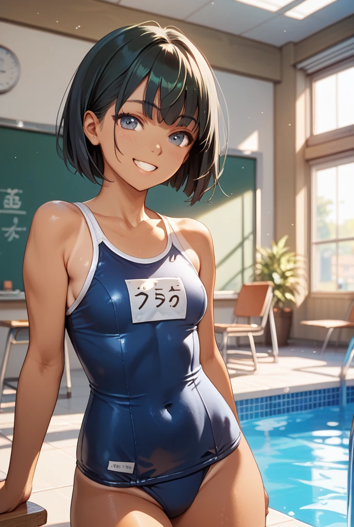 ((Highest quality)), ((masterpiece)), (detailed), One girl, sexly、((Top Quality)), ((Masterpiece)), (Details),1girl,bangs,long_hair,solo,Blue_eyes,black_hair,swimsuit,short_hair,looking_at_viewer,one-piece_swimsuit,armpits,flat_chest,indoors,upper_body,collarbone,ponytail,closed_mouth,school_swimsuit,arms_up,arms_behind_head,black_swimsuit,blurry,depth_of_field,Blue_swimsuit,competition_school_swimsuit,blurry_background
