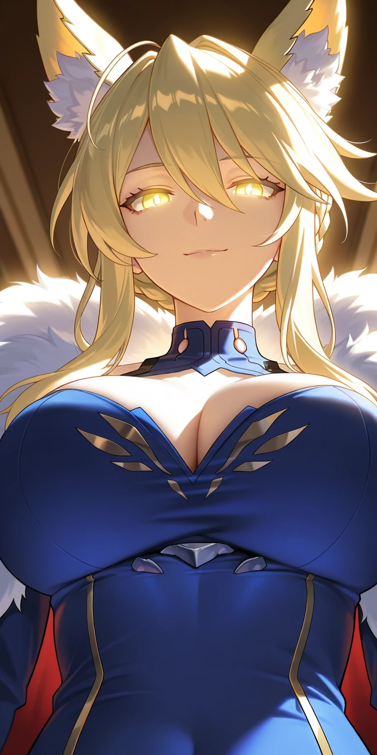 Artoria Lancer, mature woman, elegant, blonde hair, green eyes, casual clothes, crown, white cape, fur trim, portrait, head to bust, curvaceous, 4k resolution, high quality, castle interior, bokeh, face focus, (((masterpiece)))