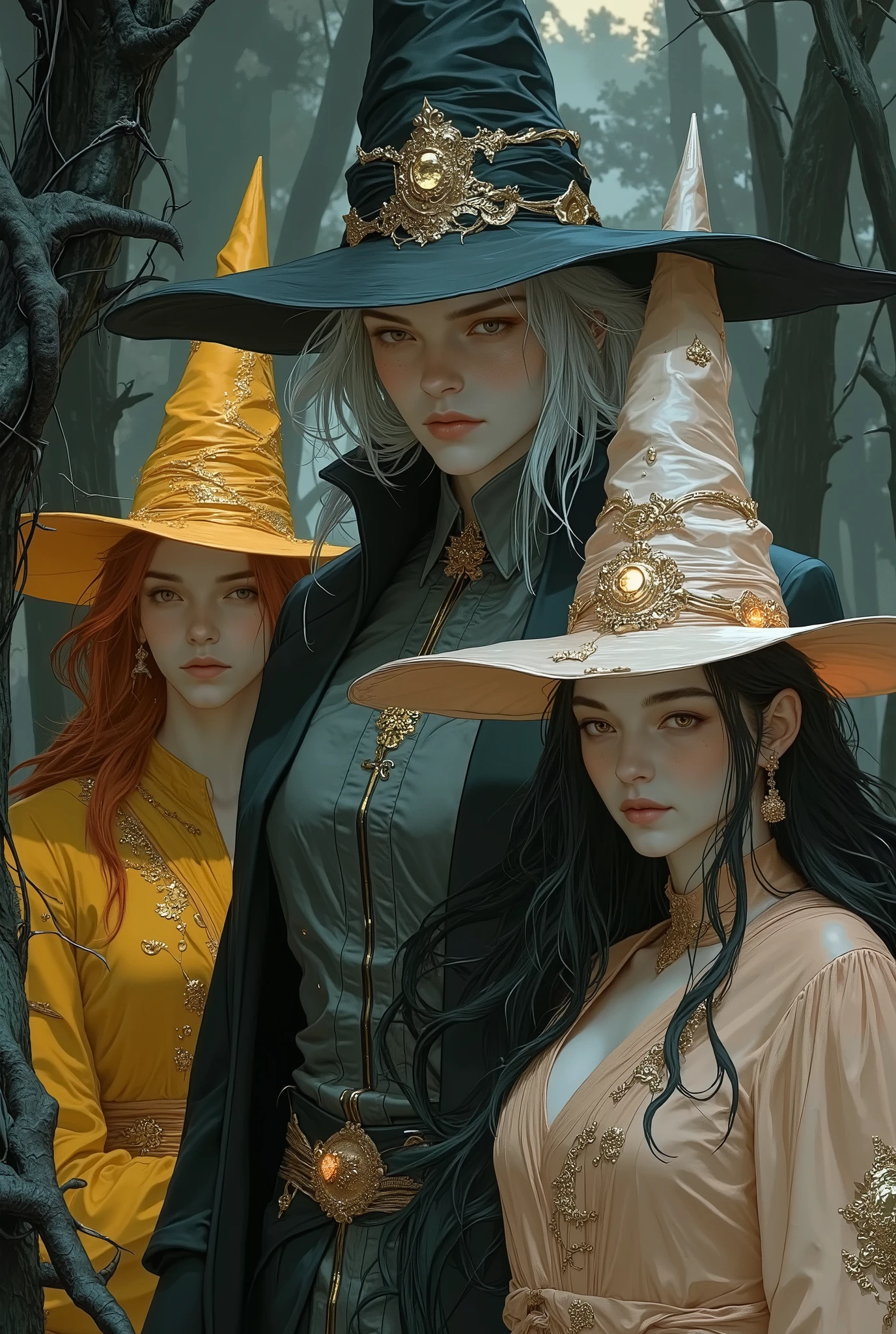 Three sorceresses stand in a mystical forest, radiating an aura of power and mystery. Each wears a tall, pointy sorceress hat that matches the color of her robe, completing their enchanting appearance. faces are different from each other The central figure is the tallest, with silver hair cascading under her eerily black hat adorned with shimmering golden accents. Her black sorceress robe sparkles with intricate golden patterns that glisten in the soft forest light. She stands confidently, her piercing golden eyes gazing straight ahead, exuding leadership and determination. To her left is a sorceress with fiery red hair flowing from beneath her deep yellow hat, which is decorated with subtle golden details. Her deep yellow robe features matching golden accents that catch the light as she stands slightly behind the central figure. Her expression is fierce and resolute, her golden eyes glowing with intensity. To the right, the third sorceress has long, raven-black hair flowing under her peach-pink hat, delicately embroidered with silver patterns. Her peach-pink robe shimmers with soft silver embroidery that glows faintly in the dim forest light. Her expression is calm yet commanding, her golden eyes holding a quiet power. The composition creates a triangular balance, with the tallest figure in the center and the others slightly behind on either side. The soft lighting highlights their intricate robes, pointy hats, and striking features, while the dark, mystical forest adds an enchanting backdrop.