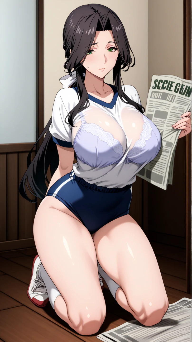 Best Quality, Solo, huge-breasted, gargantuan butt, very curvy, Tanned skin, Stylized high ponytail, Green eyes on pears, Full lips, Seductive, sly smile, Exposed white button-up, Loosen your tie, Pair Green Plaid Skirt, Hair ribbons, thick thighs, Curvaceous physique