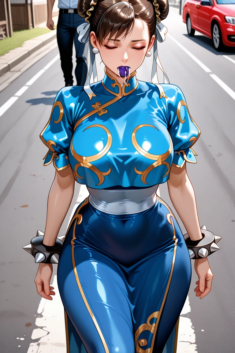 Chun li, skin-tight latex suit, smile, public street