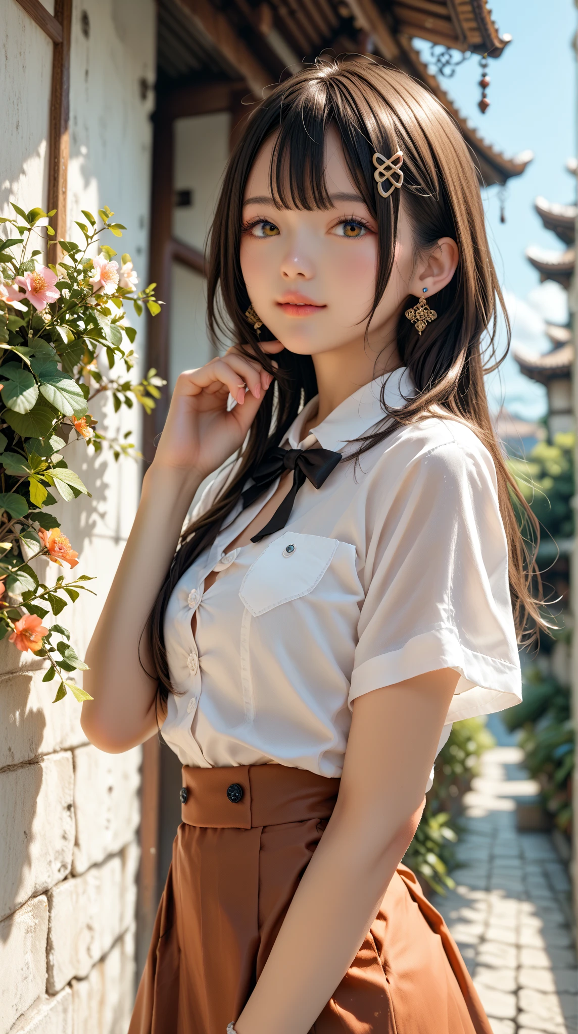detailed face, cute face,brown eye, master piece , best quality , (matured female) , japanese , (seiza) , blouse , skirt