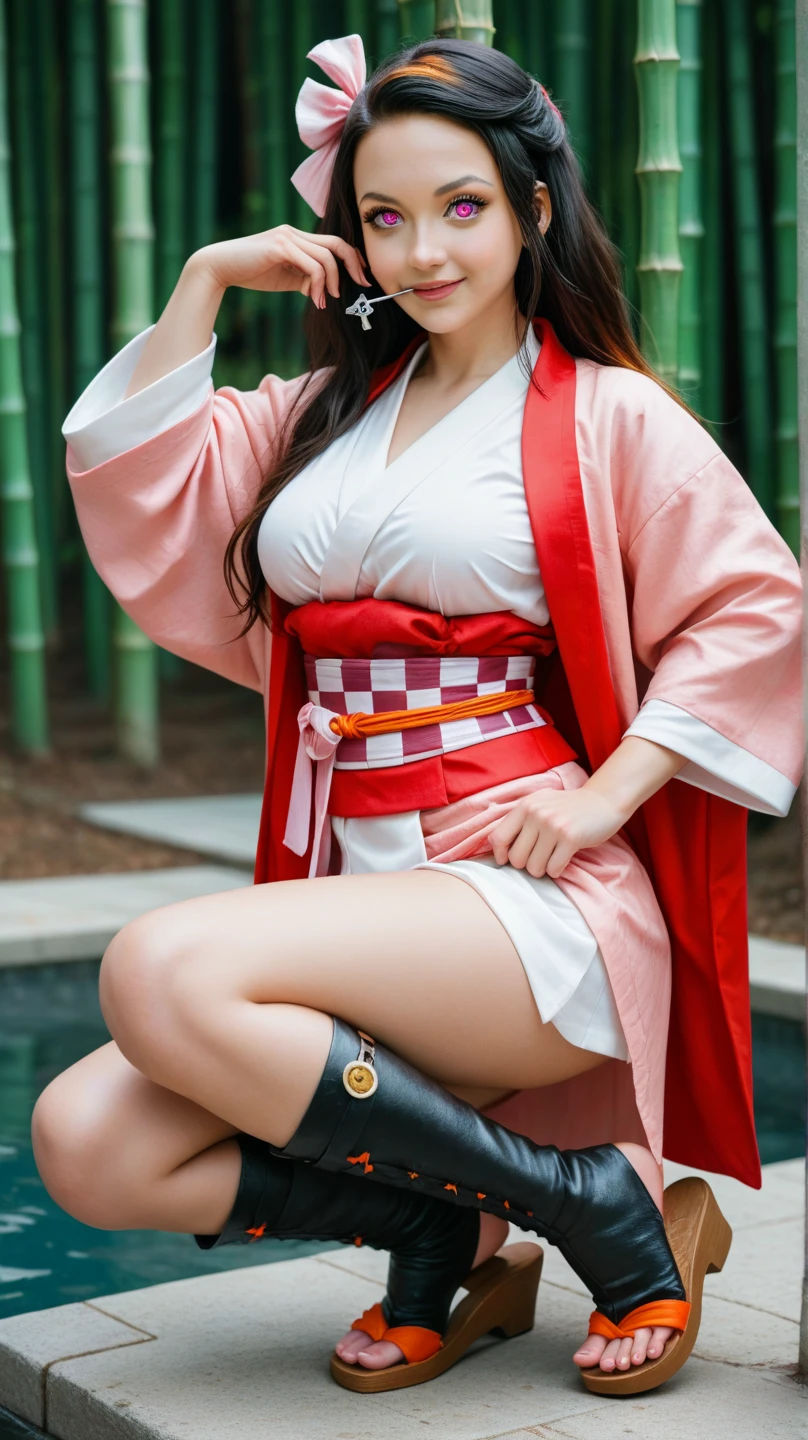 (masutepiece, top-quality:1.32), (Ultra High Quality, 超A high resolution: 1.3), (CG Unity 8k wallpapers:1.2), (Detailed eyes and skin:1.35), (detailed facial features:1.25), (Detailed eyes:1.36), precise and perfect human body structure, (Textured skin: 1.26), (Realistic, photographrealistic: 1.27),
award - winning photo, Depth of Picture, Shading by sunlight、
Tsurime、smirking mischievously、cleavage of the breast、Colossal tits、Attractive thighs、juicy thighs、
(side poneyTail:1.4)、dark red hair、thick bangs,
((shrine maiden clothe:1.2)), skirt by the、long boots、
a wizard、Sorcerer、 Fantasia、Pillar of fire、Fireball、