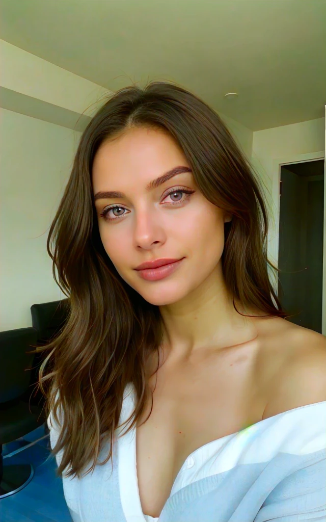 make up:1.5. taking a Selfie. Ultra-realistic Italian girl, 24 years old, stunningly beautiful, influencer.
Snub nose. Full lips. Face with gentle features. Fair skin. Glass Skin. Square Face. Detailed Face. Detailes Texture.
Thick eyebrows.
Dark realistic Eyes.
Brown long Hair.
Evening light. ((evening))
She's wearing lingerie white,  stocking, dans une terrasse d'un château. Medium Breast.
Big 