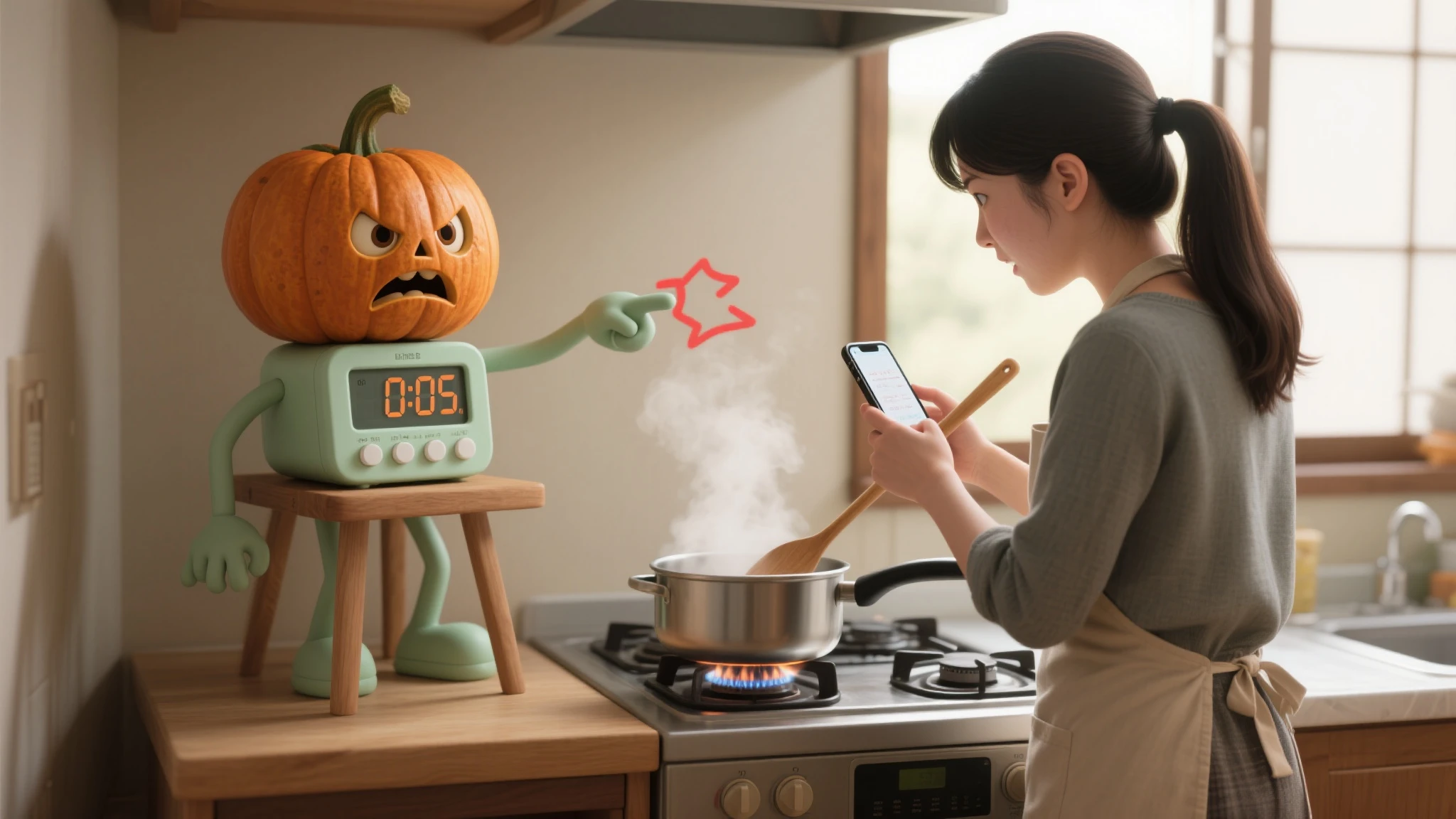 Ultra-realistic photo style, high definition, typical Japanese kitchen, natural light (shining through the window)

A Japanese woman (housewife) standing in front of a stove in the kitchen, seen , with long hair tied up in a ponytail, wearing casual clothing, and an apron on top

A pot of steam rising from the stove on the fire

The woman is stirring the pot with a wooden spatula in her right hand, and holding a smartphone in her left hand, her eyes fixed on the smartphone screen

A wooden stand at the same height as the stove is on the left side behind the housewife

On top of it is an anthropomorphized digital timer (life-size, pale green)

A pumpkin head with realistic texture is naturally integrated into the body of an actual digital timer

A character with deformed eyes and mouth, and arms and legs

The LCD display clearly shows "0:05"

He points at the LCD screen and the woman with his left hand, **showing a clear expression of anger**

**Effects showing anger are always displayed, with red lightning bolts and cartoon-style angry marks drawn clearly and prominently**

Compositions with playful anthropomorphized characters in realistic and natural everyday scenes