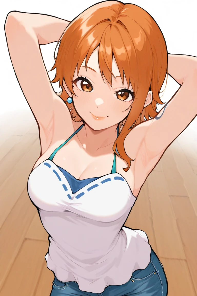 (Masterpiece, Best Quality, High Quality), facing viewer,volumetric lighting, illustration, beautiful, tight , Blushing, looking at viewer, blue leather bra top, blue leather small jacket, blue leather shorts,solo, posing for picture, seductive, perfect lighting, perfect shadows,Hoshizora rin, orange hair, yellow eyes ,1980s \(style\),arms up behind head