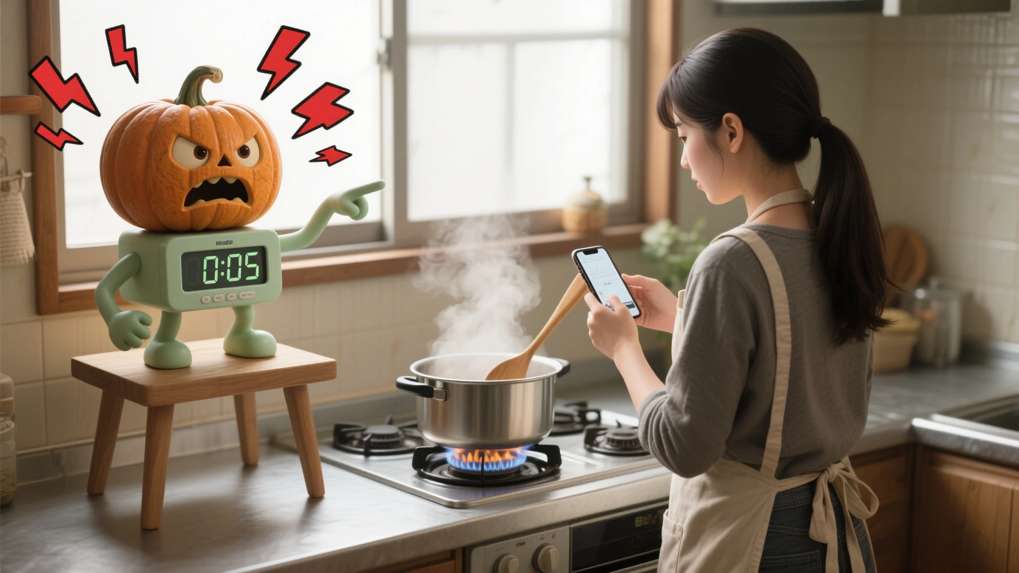 Ultra-realistic photo style, high definition, typical Japanese kitchen, natural light (shining through the window)

A Japanese woman (housewife) standing in front of a stove in the kitchen, seen , with long hair tied up in a ponytail, wearing casual clothing, and an apron on top

A pot of steam rising from the stove on the fire

The woman is stirring the pot with a wooden spatula in her right hand, and holding a smartphone in her left hand, her eyes fixed on the smartphone screen

A wooden stand at the same height as the stove is on the left side behind the housewife

On top of it is an anthropomorphized digital timer (life-size, pale green)

A pumpkin head with realistic texture is naturally integrated into the body of an actual digital timer

A character with deformed eyes and mouth, and arms and legs

The LCD display clearly shows "0:05"

He points at the LCD screen and the woman with his left hand, **showing a clear expression of anger**

**Effects showing anger are always displayed, with red lightning bolts and cartoon-style angry marks drawn clearly and prominently**

Compositions with playful anthropomorphized characters in realistic and natural everyday scenes