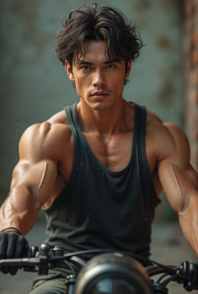 Muscular boy with black t-shirt messy black hair brown eyes 