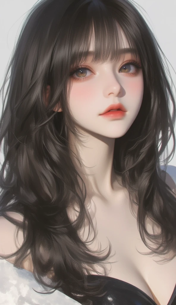 (((Masterpiece))), ((top quality)), two beautiful girl is deeply in love with each other, kiss, bangs, (long hair:1.5), (((big breasts))), 23 years old, (Gorgeous white, grey and black ruffled dress:1.5), race, beautiful digital artwork, beautiful fantasy art, (The background is plain:1.5)