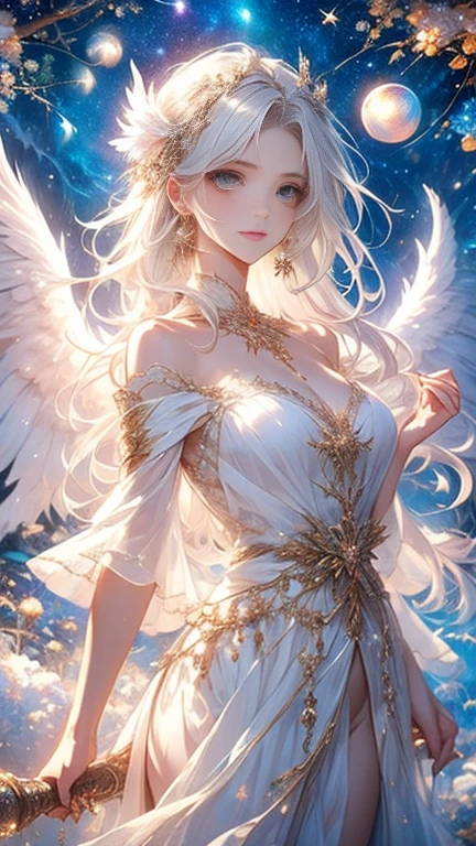 ((masterpiece、top-quality)), (Photorealistic photography:1.4) , Very detailed, (intricate detailes), (intricate detailes), (Angel: 1.4), 1 persons, femele, perfect anatomia, perfectly proportions, face perfect, Mystical beauty, Bright on the face, Details of face,gently smiling,Platinum Blonde Hair, Long Wave Hair, angelicales, big angel wings on the shoulders, White Long Roshtam Dress, conceptual art, realism, godrays, Cinematographic lighting, high details, hiquality, HD fine, 16K resolution, Full body portrait, full body Esbian,