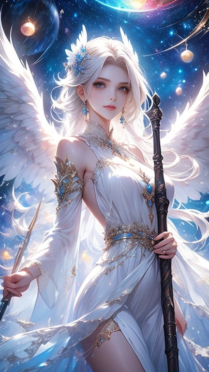 8K resolution, masterpiece, Highest quality, Award-winning works, unrealistic, From above, erotic, sole sexy lady, healthy shaped body, 22 years old, white mage, 170cm tall, huge firm bouncing busts,, white silver long wavy hair, Detailed facial depictions, Break, Mysterious blue eyes, Standard nose, Eyeliner, pink lips, sexy long legs, Clear skin, white mage, A gorgeous long walking stick in seven colors, Gothic , Gothic ruffle long dress, A dress with a complex structure, Seven-colored colorful dress, Clothed in flames, Phoenix Crest, elegant, Very detailed, Delicate depiction of hair, miniature painting, Digital Painting, artステーション, コンセプトart, Smooth, Sharp focus, shape, artジャム、Greg Rutkowski、Alphonse Mucha、William Adolphe Bouguereau、art:Stephanie Law , Royal Jewel, nature, Symmetric, Greg Rutkowski, Charlie Bowwater, Unreal, Surreal, Dynamic Lighting, ファンタジーart, Complex colors, Colorful magic circle, flash, dynamic sexy poses, A kind smile, Mysterious Background, Aura, A gentle gaze, BREAK, Small faint lights and flying fireflies, night, lanthanum, 山の頂From above下界を見下ろす, Starry Sky, milky way, nebula, shooting star, Flowers, birds, wind and moon, (Back view, Looking back towards the camera:1.3), healing magic