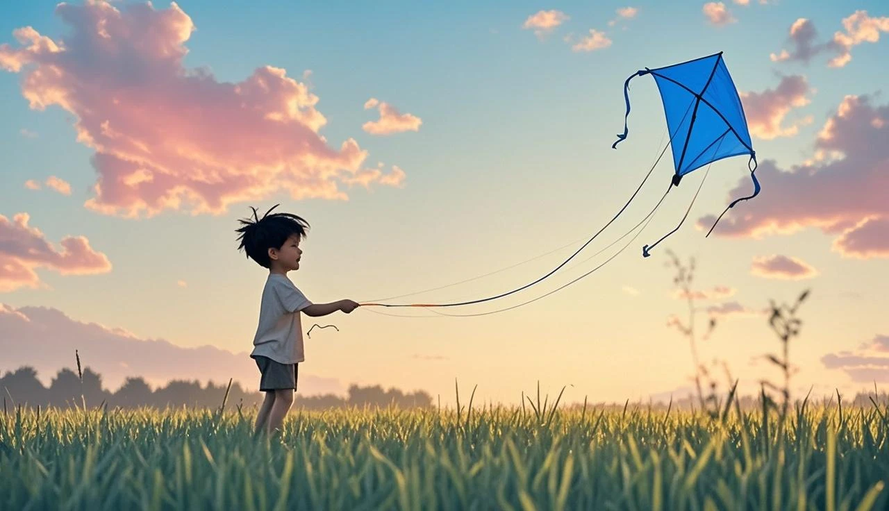 a boy is playing a kite, paddy field area, evening time, twilight light,