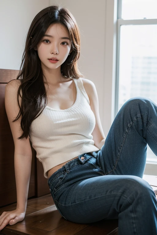 Girl in white bra and tight denim skirt posing for photo, full body, with cropped T-shirt, bra, slim body, smaller bust, slim girl model, 24-year-old female model, lying on the construction site, a group of black men onlooking