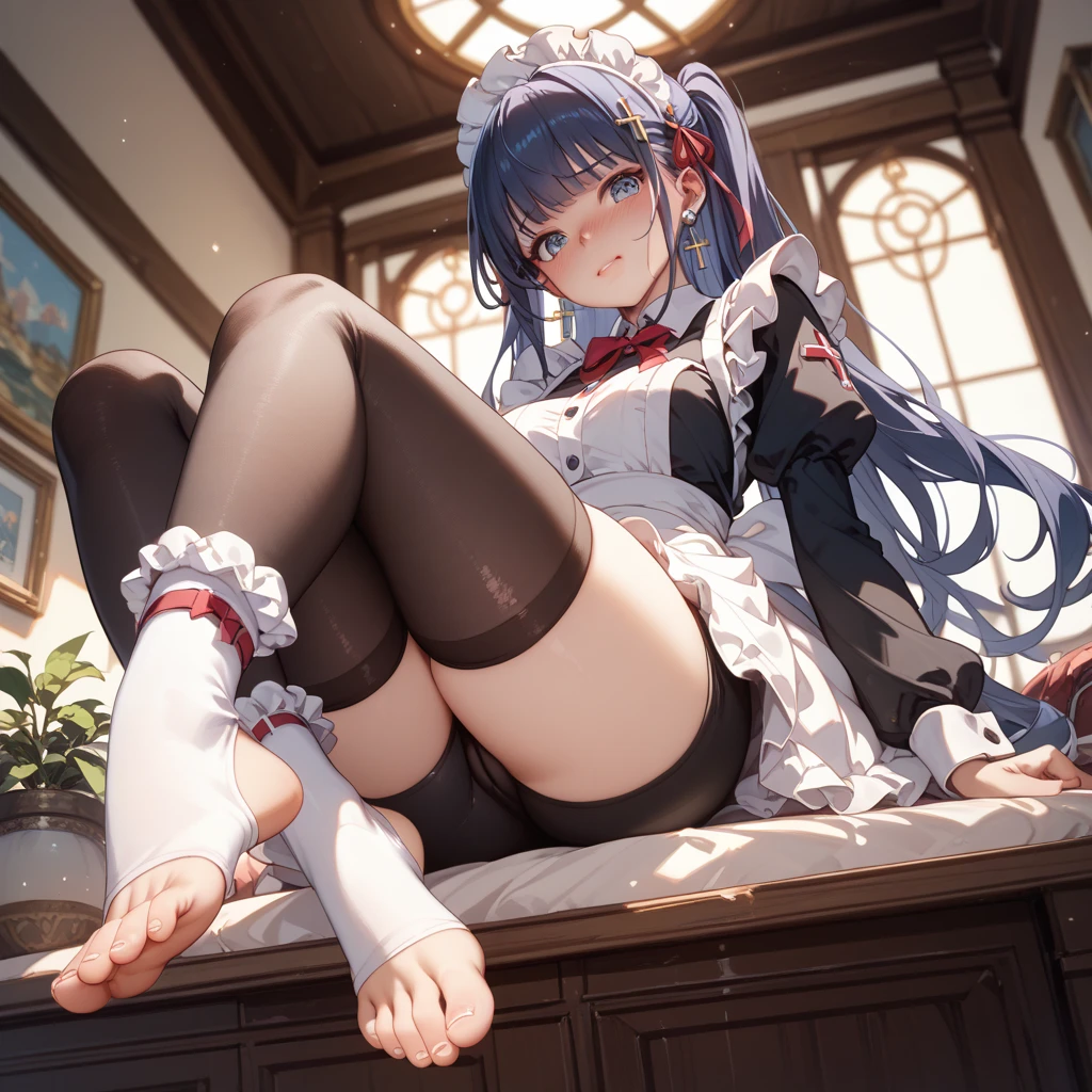 (((1 girl)),ray tracing,(dim lighting),[detailed background (bedroom)),((silver hair)),((silver hair)),(Fluffy silver hair, plump slender girl)) with high ponytail)))) Avoid blonde eyes in the ominous bedroom ((((Girl wears intricately embroidered black high-waisted pants with pantyhose) and white ruffled bow gloves), showing a delicate slim figure and graceful curves, correct limbs, sitting on the bed