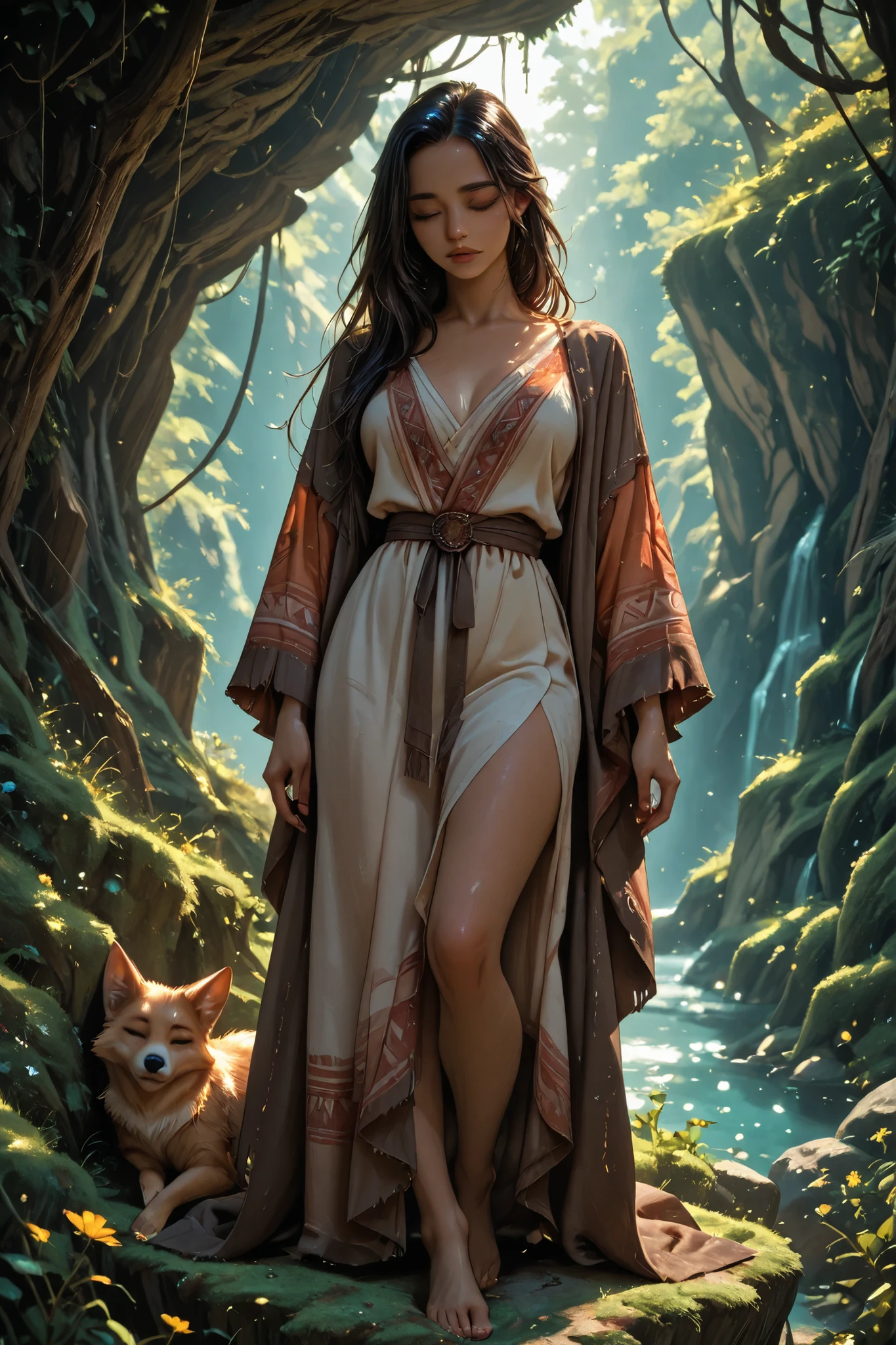 A young woman with tangled dark hair and sun-kissed skin, barefoot, standing on a moss-covered cliff. She wears a loose, handwoven robe with faded tribal patterns. Her eyes gleam with laughter and longing. A sleeping fox cub lies in her open palm. Wildflowers bloom where she steps.