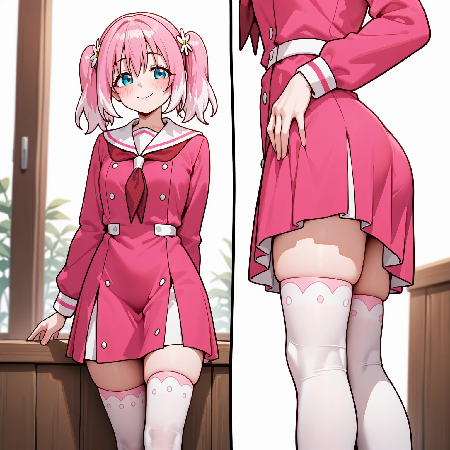 Realcat with Adorable pink hair,
One character sheet showcases different poses,
Different angles offer unique views,
Kawaii girl stands with contour lines,
Vector art brings out intricate details,
White background highlights her cuteness,
Blushing from embarrassment, she keeps her mouth shut,
Walking down the street, she's peeing in a mini skirt (realistic version 2.2).
