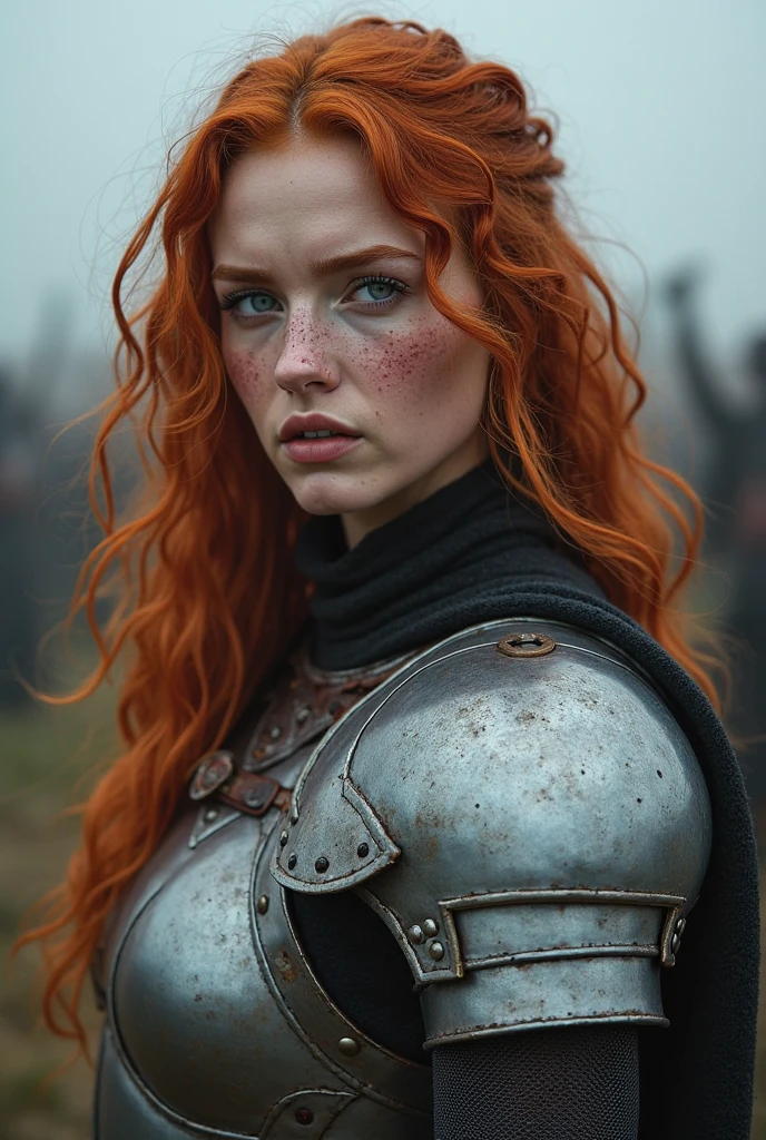 1 female, warrior, battle armor, worn out battle armor, cleavage, came from a battle, green fields background, 4k quality, very detailed, bokeh, great lighting, very sexy, slightly sweating, very serious face, scars and bruises, light blood, long curly red hair, green eyes, pinkish lips, dynamic pose, with a sword, korean woman