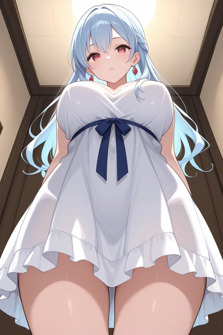 big breasts:1.5、、highest quality、very detailed、Very realistic eye masterpiece、highest quality、very detailed、gray hair、perfect face、long hair、white dress、sundress、anime、countryside、clear、slender、love juice、nsfw、Hard 、from below、masturbation、love juice、Pee、frills、Chin Chin、penis、Futanari、man's daughter、dick、peniale organ、rod、erection、Glans、