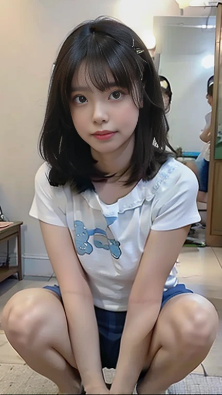 ollarbone,white t-shirt,off-shoulder look,bare shoulder,Denim mini skirt,open mouth,tongue out,cum on tongue,Black sofa,Kneeling,looking ahead,from above,flont view,face focus,open mouth,tongue out,(1girl,Beautiful 16 year old girl),((Slender,Small breasts,Small face,)),looking at viewer,Black Hair,bangs,Row Twin Tails,Beautiful and detailed,Mischievous smile,Dimly lit room,Simple Background,Black background,Low lighting