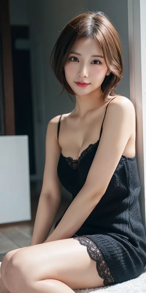 (scissors,hand up),Casual shirts,A hair salon with chairs lined up,(The skin is wet from sweat:1.2),beautician,looking at the camera,Cleavage,smile,skirtリフト、skirtを手で上げる,woman, 20-year-old, Short Hair、bangs、(skirt),(White lace panties)、Cute earrings,Natural lighting