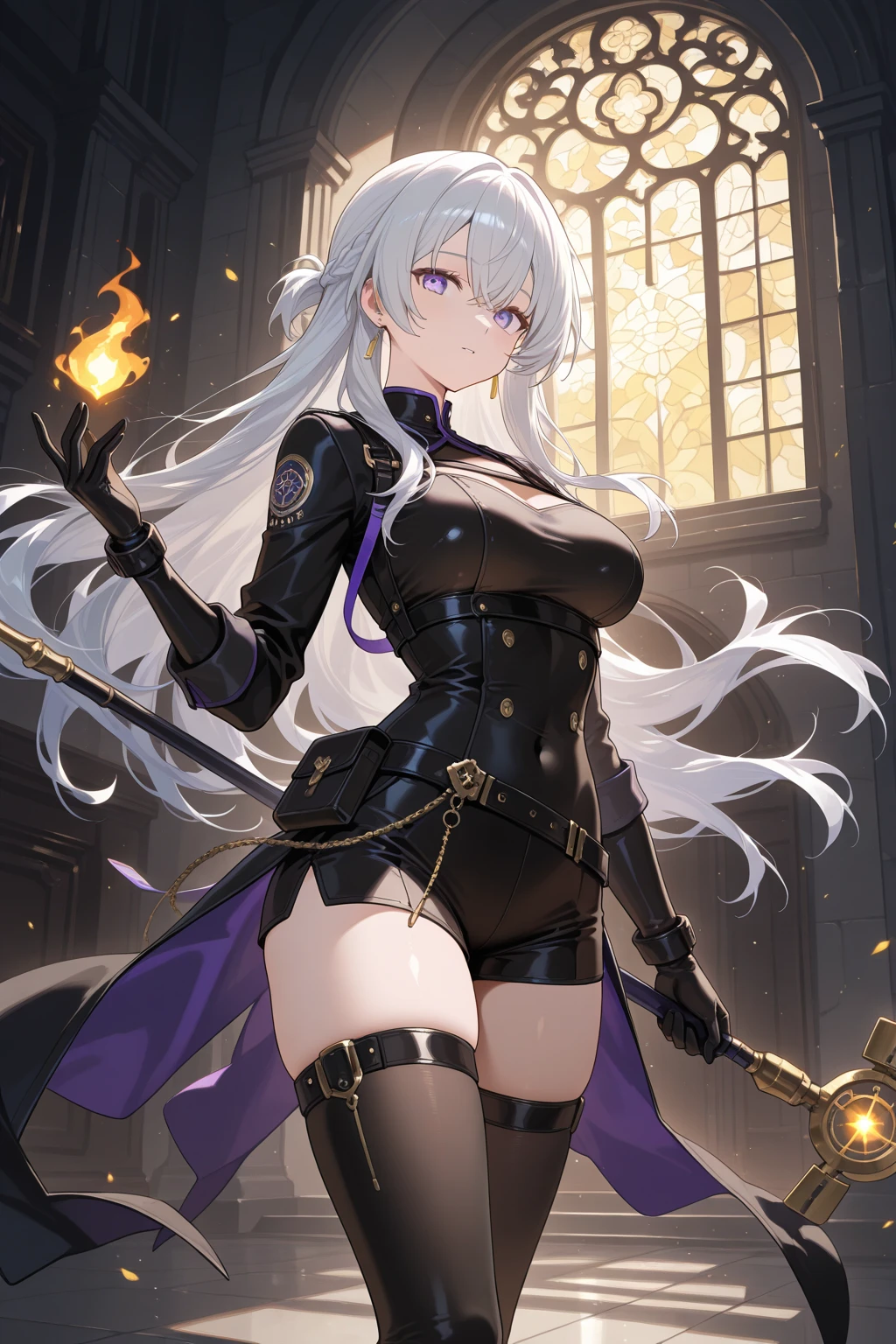masterpiece, high quality, illustration, extremely detailed, 1_women, (full body), (((hand close to chest))), (((holding blue and purple handkerchief))), looking away from viewer, looking towards the sky, (exotic skin_complexion:1.4),mature, statuesque, beautiful, exotic, deep in though, large breast, long black Victorian coat ,black dress with gold trim, black knee_high boots, black gloves, long hair, white hair, realistic and detailed face having ((yellow_eyes)), diamond shaped eyes, ((dark_eyeliner)), long_eyelashes, dynamic lighting casts detailed shadows, outside, Victorian London, a starry night, night sky, moon in sky,