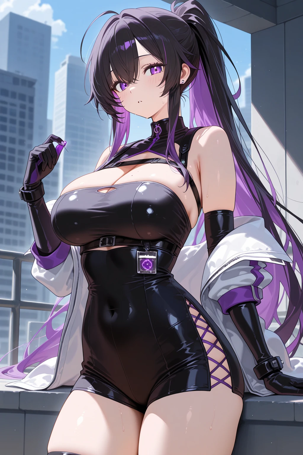 Masterpiece, Solo, Slender face, Long eyelashes, elongated, (Straight hair : 1.3), (violet eye: 1.3), (Purple hair White mesh: 1.2), Large cleavage, Slim, Angled from the side, (Hyponytail: 1.3), Wearing a big white T-shirt, Full body, Light blue lace light lingerie, Embarrassing, Apartment, Nipples, Roll up shirt to chest