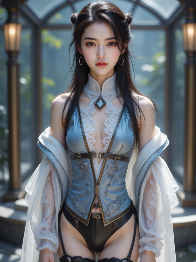 best quality, masterpiece, high resolution, 1girl, ancient chinese battlefield background, metal armor, metal collar, hair accessory, necklace, jewelry, beautiful face, upon_body, tyndall effect, realistic, dark studio, edge lighting, duotone lighting, (high detail skin:1.2), 8k ultra hd, dslr camera, soft lighting, high quality, volumetric lighting, frank, photos, high resolution, 4k, 8k, bokeh, silver white bikini armor, chest embroidered phoenix, Metal cuirass, tight fit, ponytail, bare arms, exposed abdomen, weapons, short bracers, stockings