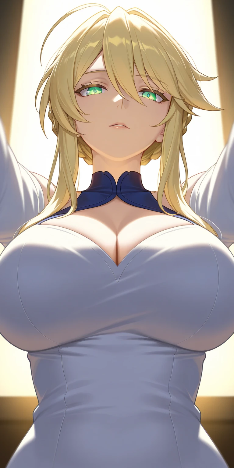 mastepiece, best quality, solo, belldandy, (multiple mature woman), beautiful face, huge breasts, long hair, seductive smile, priestess, round-shaped cap, cleavage, standing, hand on chest, cowboy shot