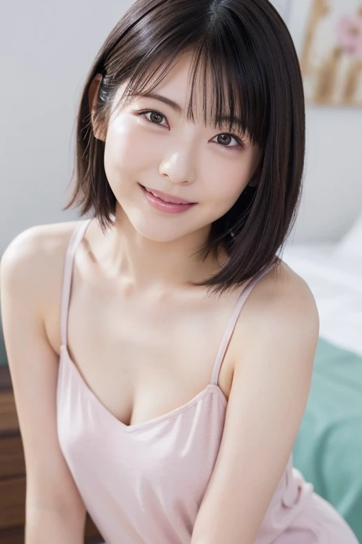 bed,please sit down,Innocence,Black Hair,Very short hair,Navy blue tank top,Big smile,5th grade elementary school,Japanese,single eyelid,Kind Face,Slim figure,Small cleavage,Honey,Look at this,transparent, (masterpiece, Highest quality), Structure of the film, Like in the movies
