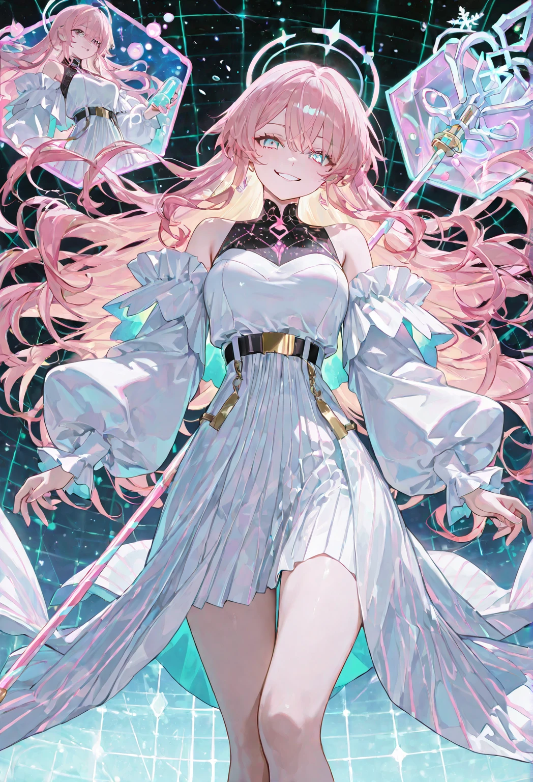 ((masterpiece:1.2, best quality)), ultra-fine, ultra-fine depiction, ultra-fine depiction, erotic expression, (zentangle:1.2), (dynamic pose), (abstract background:1.5), wavy long hair, pink hair, 1girl, color, portrait, (top-down: 1.2), bare thigh roots