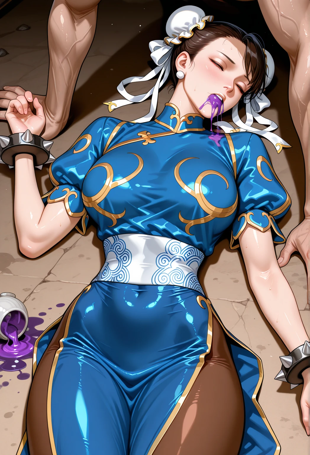 Woman with white hair and yellow eyes, mostrando os peitos, legs open showing pussy, with an angry face and a provocative look. Wearing gold and black traditional Chinese imperial clothing, with red Hanafuda earrings, with a short red skirt. On your knees in a hotel room bed, with a sunset in the window in the background.