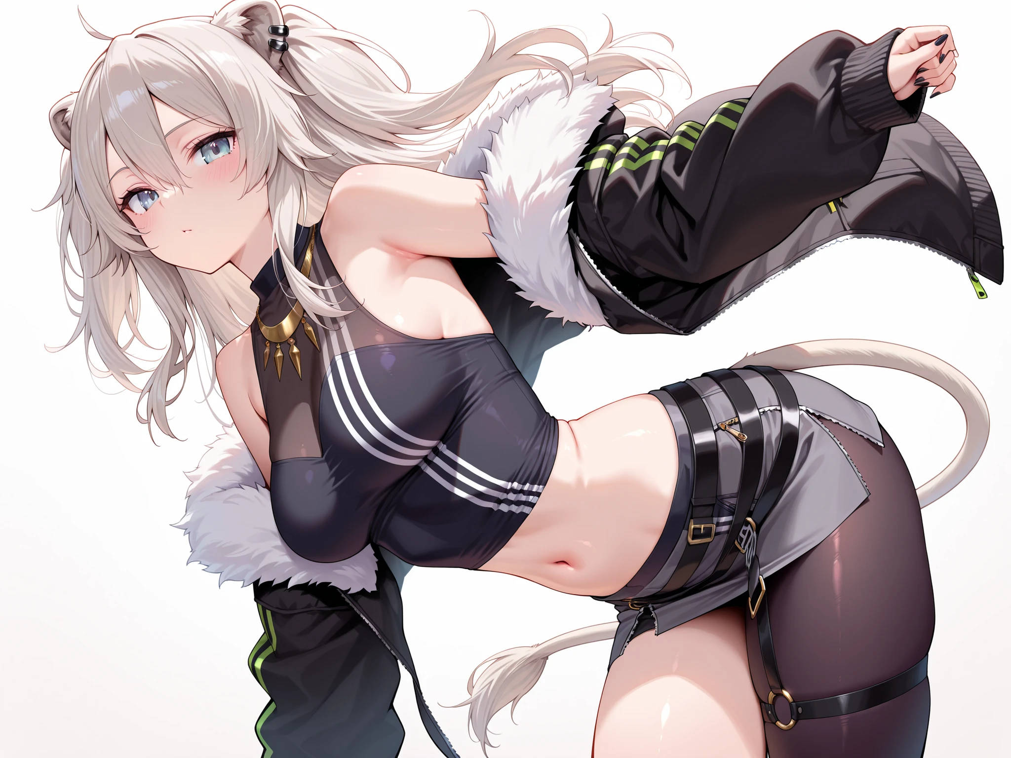 1girlsolo,masterpiece,best quality, amazing quality, highres, absurdres, very aesthetic, high resolution, ultra detailed, perfect details,(masterpiece, detailed:1.2),botanIL, ear piercing, lion tail,botandef, long hair, navel, fur-trimmed jacket, hair between eyes, two side up, black jacket, black shirt, midriff, grey skirt, necklace, bare shoulders, miniskirt, single leg pantyhose, black pantyhose, sleeveless shirt, o-ring,